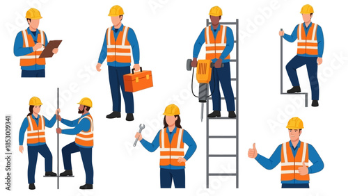 Diverse Construction Workers in Safety Gear Performing Various Tasks.