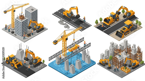 Isometric Construction Scenes - Building, Road, and City Development.