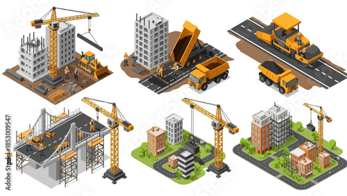 Isometric Construction Site Scenes with Buildings and Heavy Machinery.