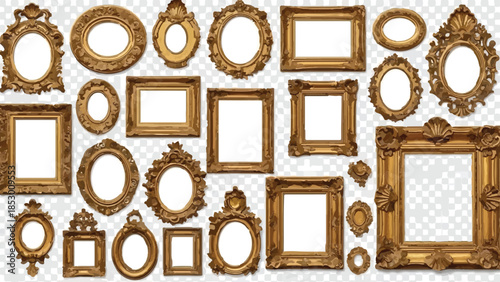 Large Set of Ornate Antique Gold Picture Frames Vector Collection Isolated for Design