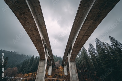 Low-angle view of two parallel concrete bridge structures against a gloomy, overcast sky