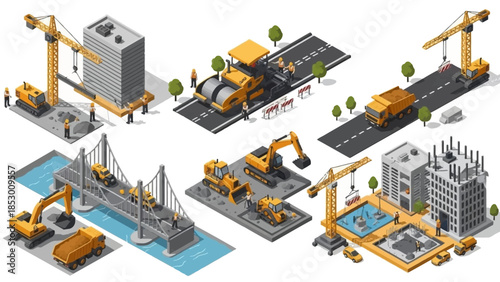 Isometric Construction Site with Buildings, Roads, and Machinery.