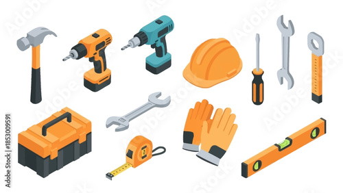 Isometric Construction Tools and Safety Gear Illustration.