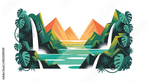 Vibrant tropical landscape with lush greenery and majestic mountains