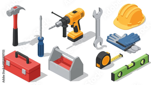 Isometric View of Construction Tools and Equipment for Building Projects.