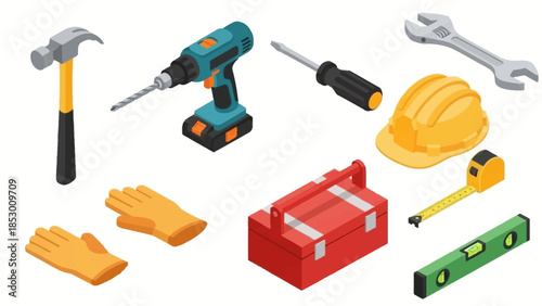 Isometric View of Construction Tools and Safety Gear for Building Projects.