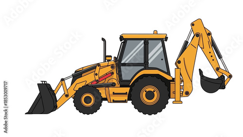 Yellow Backhoe Loader Excavator Construction Vehicle Illustration.