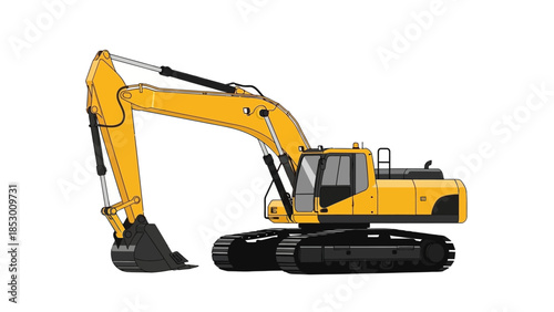 Yellow excavator with black tracks and bucket on white background.
