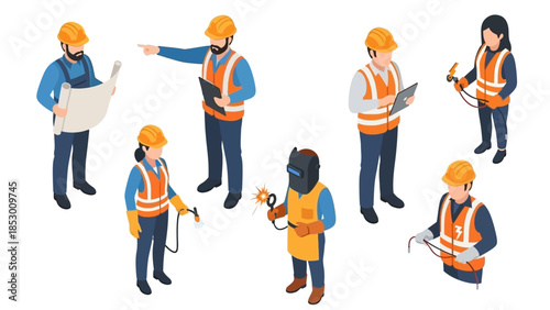 Isometric View of Construction Workers in Various Poses.