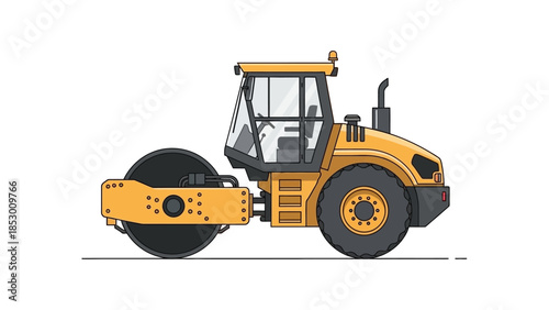 Yellow Road Roller Heavy Equipment Construction Vehicle Illustration.
