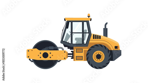 Yellow Road Roller Construction Vehicle Illustration on White Background.