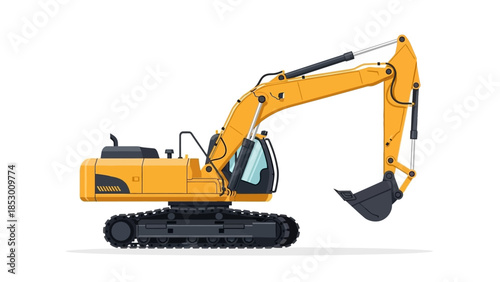Yellow Excavator with Black Tracks and Bucket on White Background.