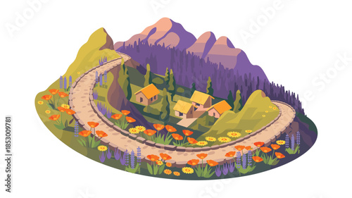 Whimsical village nestled in a vibrant mountain valley with colorful flowers