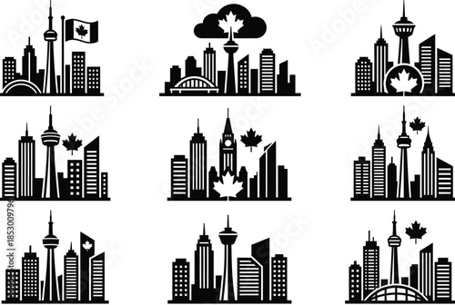 Canadian city silhouettes isolated on white background, Vector, illustration