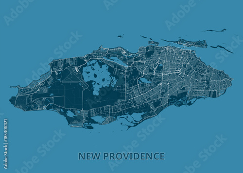map of New Providence Island, rendered in shades of blue. The island is surrounded by water, and the map highlights the intricate network of roads