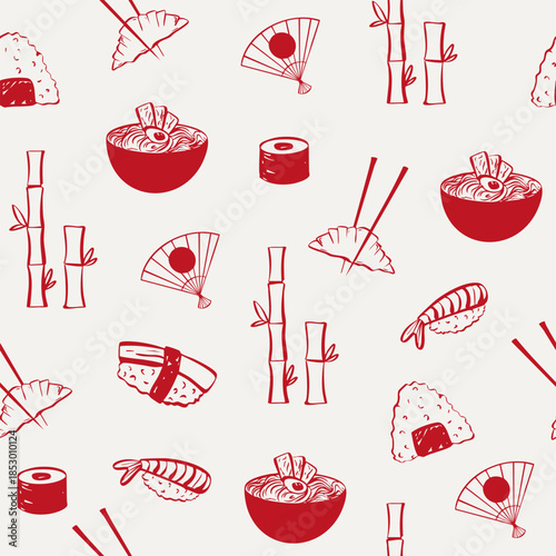 Seamless Japanese food pattern with hand drawn sushi, onigiri, noodles, bamboo, fans, and chopsticks. Perfect for restaurant branding, menu design, textiles, and wallpapers. Vector illustration.