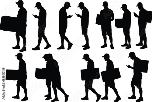 Silhouettes of workers carrying boxes isolated on white background, Vector, illustration