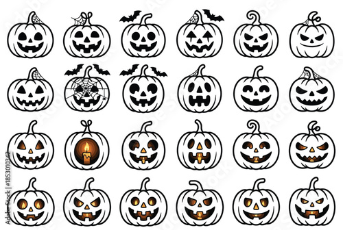 Collection of halloween jack-o'-lanterns isolated on white background, Vector, illustration