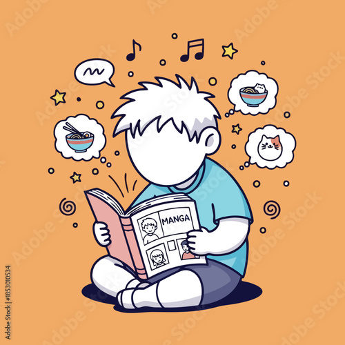 Young person absorbed in reading manga comics with thoughts of food and music on a vibrant background illustration