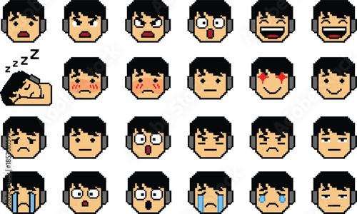 Pixel art collection of boy gamer avatars with headphones featuring various facial expressions like angry happy sad crying and surprised for streaming