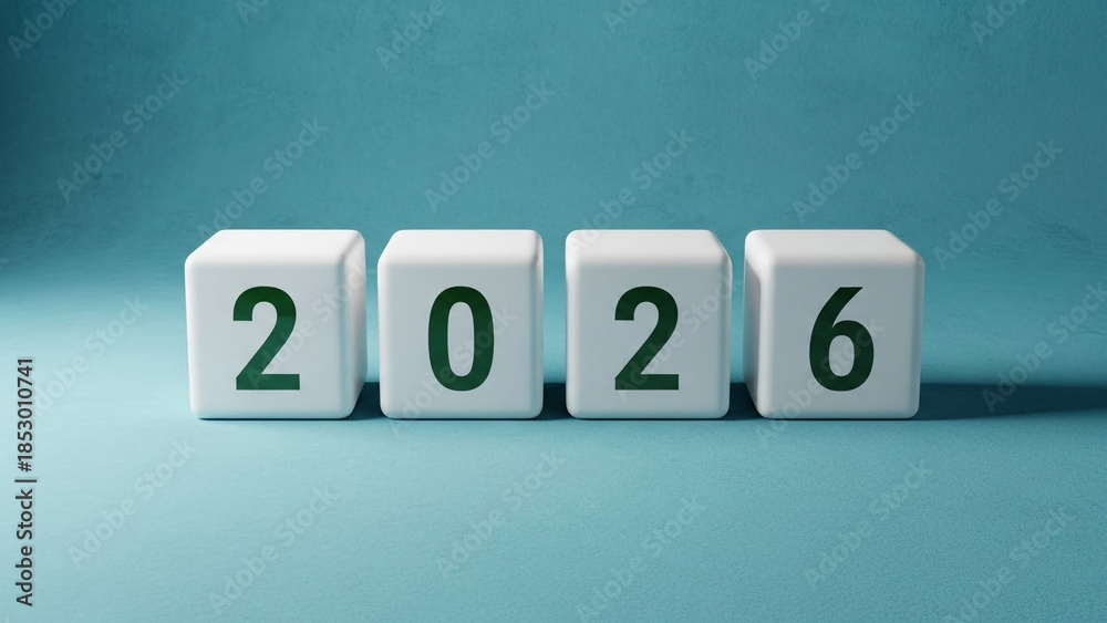 Obraz premium The year 2026 written on white blocks on blue background