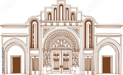 Art Deco arch window and door frames, entrance doorways, and gateways, featuring modern architectural line drawings. Ancient classical architecture with arched doors reminiscent of Medieval temples