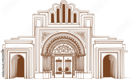 Art Deco arch window and door frames, entrance doorways, and gateways, featuring modern architectural line drawings. Ancient classical architecture with arched doors reminiscent of Medieval temples