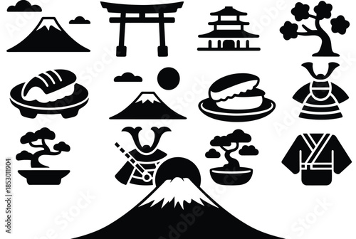 Japanese cultural icons isolated on white background, Vector, illustration