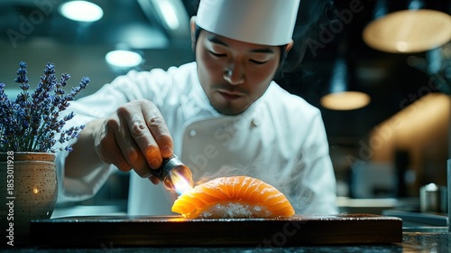 Chef prepares salmon nigiri with flame