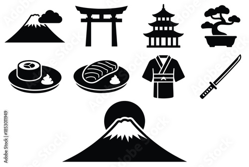 Iconic elements of japanese culture isolated on white background, Vector, illustration