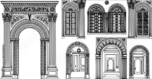 Art Deco arch window and door frames, entrance doorways, and gateways, featuring modern architectural line drawings. Ancient classical architecture with arched doors reminiscent of Medieval temples