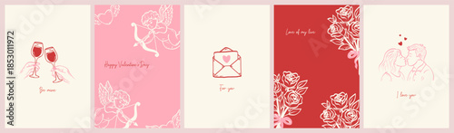 Vintage hand drawn frames Happy Valentines invitation cards in trendy whimsical art. Cupid, love letter, hands with wine, couple. Template for poster, banner, invitation, card.