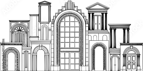 Art Deco arch window and door frames, entrance doorways, and gateways, featuring modern architectural line drawings. Ancient classical architecture with arched doors reminiscent of Medieval temples