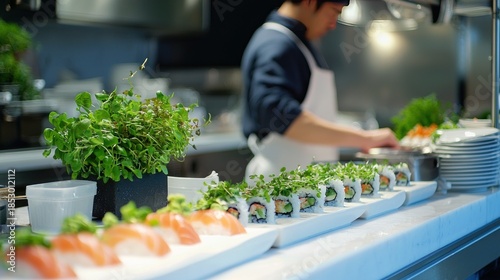 Chef preparing sushi rolls on table