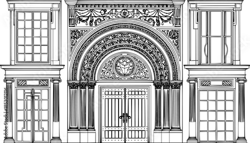 Art Deco arch window and door frames, entrance doorways, and gateways, featuring modern architectural line drawings. Ancient classical architecture with arched doors reminiscent of Medieval temples