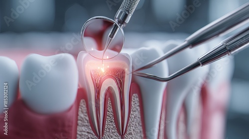 Dentist examining tooth with dental tools and magnifying glass