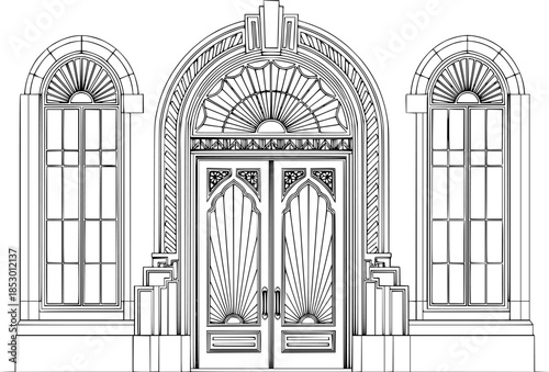 Art Deco arch window and door frames, entrance doorways, and gateways, featuring modern architectural line drawings. Ancient classical architecture with arched doors reminiscent of Medieval temples