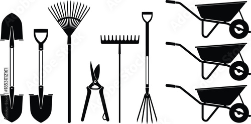 Gardening tools silhouette, shovel vector, rake clipart, pruning shears, wheelbarrow icon, outdoor equipment, black flat graphic