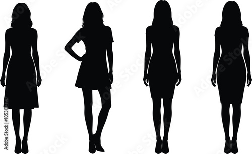 female silhouette fashion, standing women vector, dress styles pose, elegance concept, CAD drawing flat vector illustration, black outline art