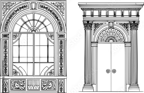Art Deco arch window and door frames, entrance doorways, and gateways, featuring modern architectural line drawings. Ancient classical architecture with arched doors reminiscent of Medieval temples