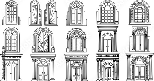 Art Deco arch window and door frames, entrance doorways, and gateways, featuring modern architectural line drawings. Ancient classical architecture with arched doors reminiscent of Medieval temples