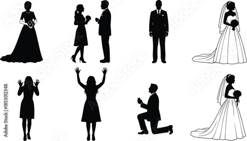 Wedding silhouette, romantic couple, bride vector, proposal scene, groom illustration, celebration pose, love moment, black flat graphic