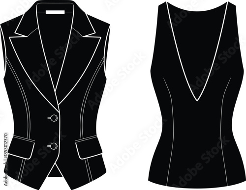 Women’s top silhouette, sleeveless vest, fashion CAD, garment design, black graphic, contour seam, flat illustration,