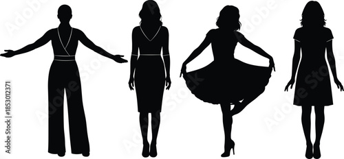 Fashion pose silhouette, dress style, female figure, outfit variation, black graphic, model stance, flat illustration
