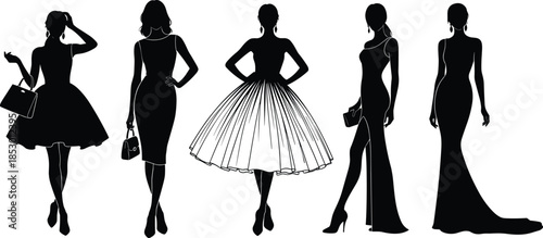 Fashion silhouette, dress vector, stylish pose, female figure, black graphic, outfit design, flat illustration,
