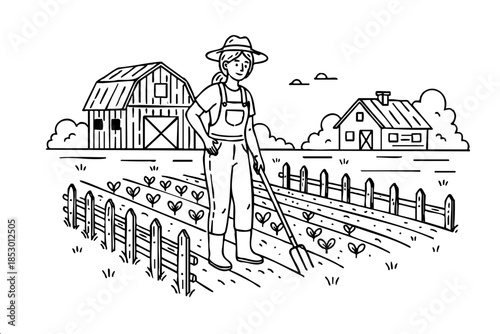 A woman is tending to her crops in a field, surrounded by a fence. The scene is calm and tranquil, with the woman focused on her work. The fence serves as a boundary