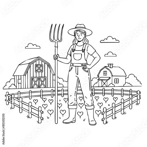 A woman is standing in a field with a pitchfork and a heart in the ground. She is wearing a hat and overalls