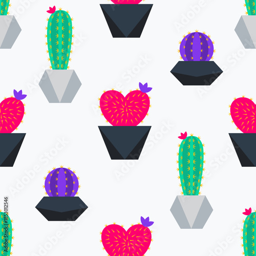 Minimalist seamless pattern of heart-shaped cactus plants. Vector flat design anti-valentine background for prickly love themes, hipster decor, and botanical nature prints.