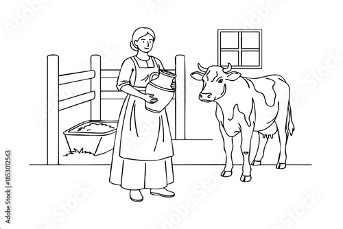 A woman is holding a jug of milk and standing next to a cow. The scene is set in a barn, and the woman is a farmer. The cow is standing nearby, and the woman seems to be preparing to feed it