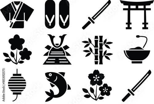 Japanese cultural symbols isolated on white background, Vector, illustration